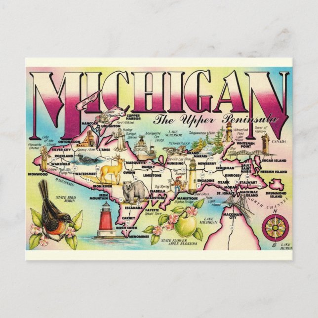 Michigan's Upper Peninsula Map Postcard (Front)