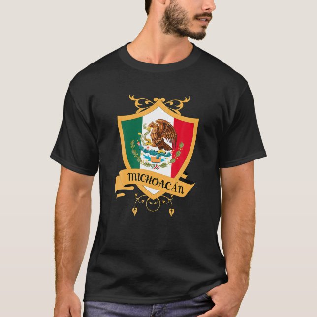 Michoacan Mexico Gold Crest, Mexican Flag Souvenir T-Shirt (Front)