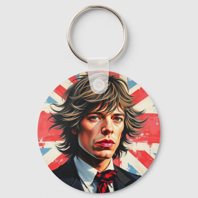 Mick Jagger Rolling Stones in front of a Union Jac Keychain (Front)