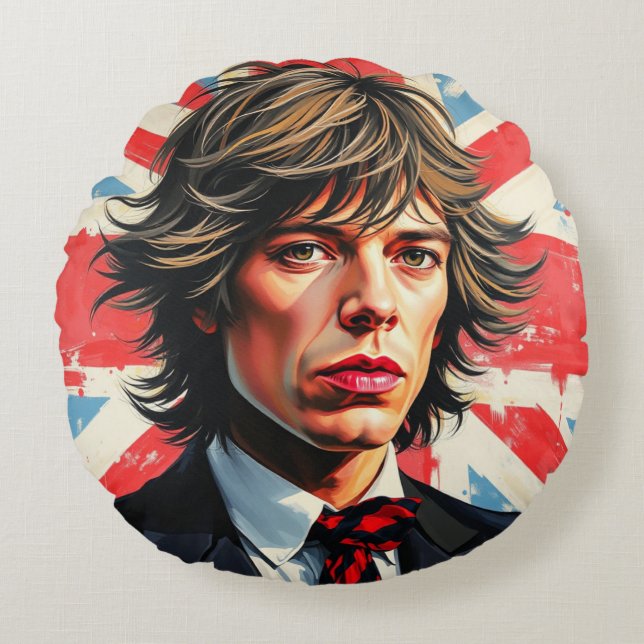 Mick Jagger Rolling Stones in front of a Union Jac Round Pillow (Front)