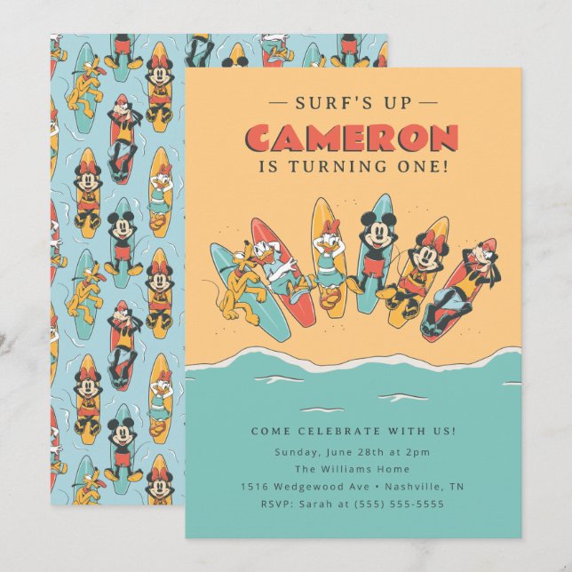 Mickey and Friends Surf's Up Summer Birthday Invitation (Front/Back)