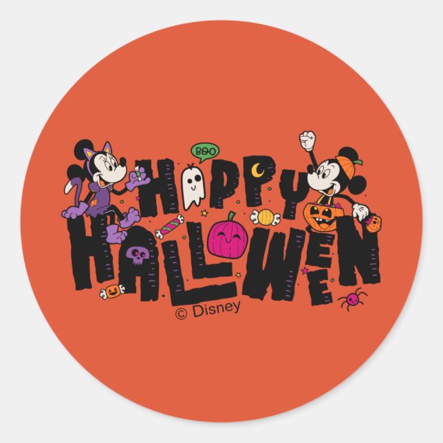 Mickey and Minnie - Happy Halloween Classic Round Sticker (Front)