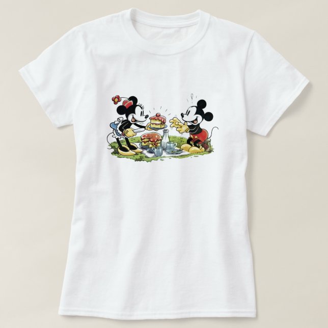 Mickey and Minnie Picnic Eating Cake T-Shirt (Design Front)