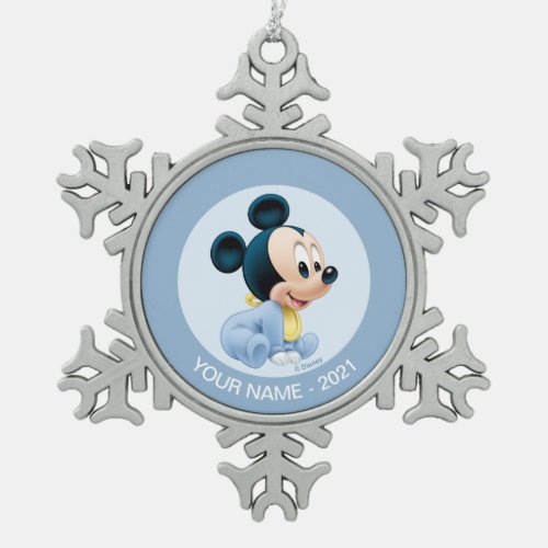 Mickey Babys First Christmas Blue  Add Your Name Snowflake Pewter Christmas Ornament