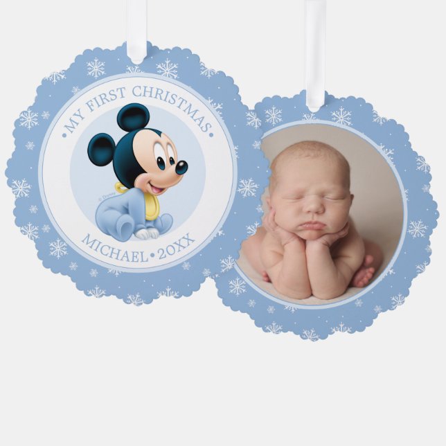Mickey Baby's First Christmas Blue Ornament Card (Front/Back)