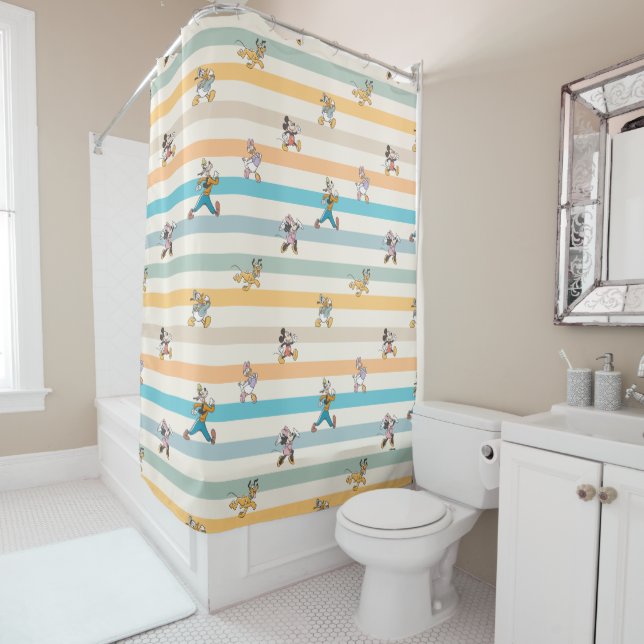 Mickey & Friends Classic Multi-Stripe Pattern Shower Curtain (In Situ)