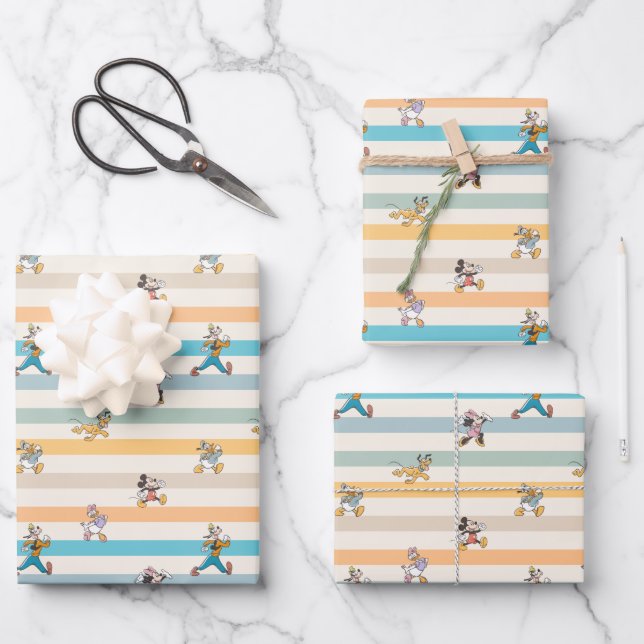 Mickey & Friends Classic Multi-Stripe Pattern Wrapping Paper Sheets (Front)