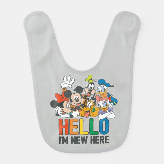 Mickey & Friends | Hello I'm New Here  Baby Bib (Front)