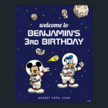 Mickey & Friends Outer Space Birthday Welcome Poster<br><div class="desc">Welcome guests to an out-of-this-world celebration with this space-themed birthday sign featuring Mickey Mouse and Donald Duck in full astronaut gear. Surrounded by stars, planets, and comical floating characters, this navy blue backdrop sets the tone for a fun cosmic adventure. The bold white lettering highlights the birthday message, with customizable...</div>