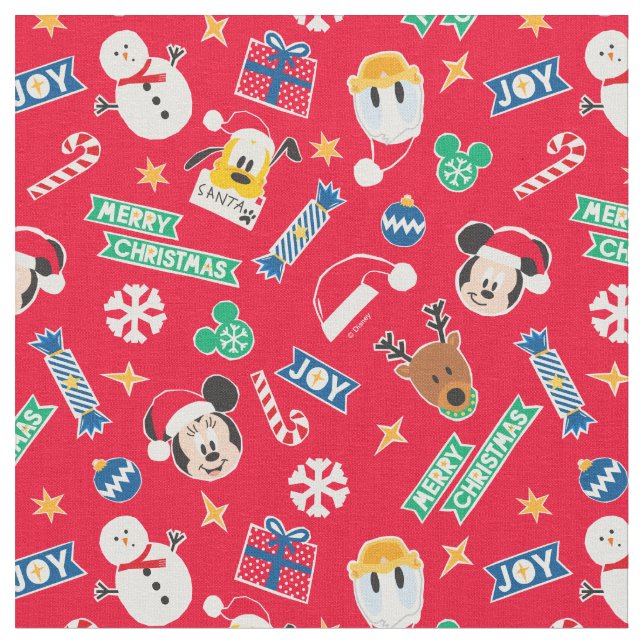 Mickey & Friends Red Merry Christmas Icon Pattern Fabric (Close Up)