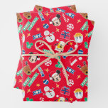 Mickey &amp; Friends Red Merry Christmas Icon Pattern Wrapping Paper Sheets