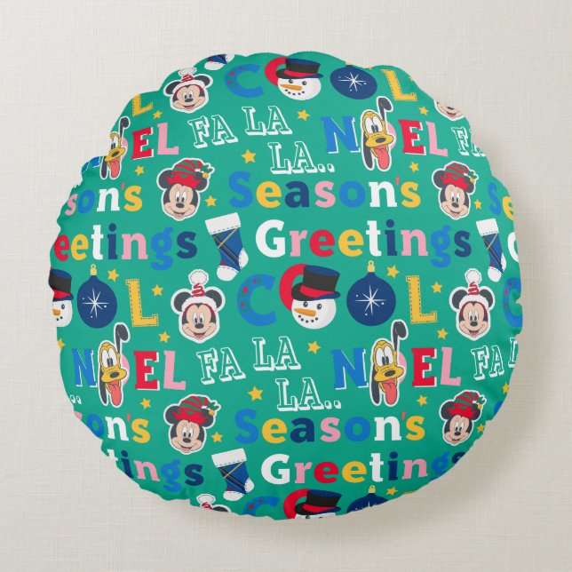 Mickey & Friends | Season's Greetings Pattern Round Pillow (Front)