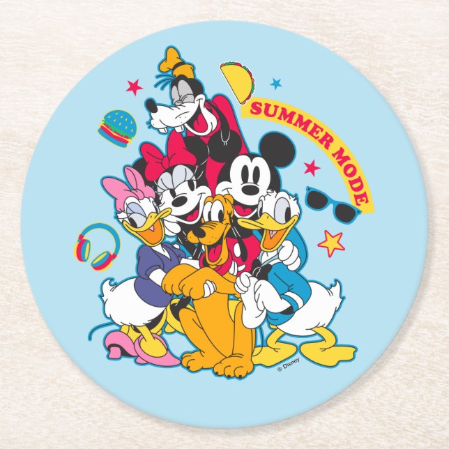 Mickey & Friends | Summer Mode Fun Round Paper Coaster (Front)
