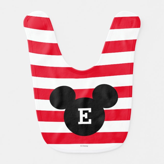 Mickey Head Silhouette Striped Pattern | Monogram Baby Bib (Front)