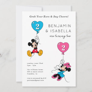 Mickey & Minnie Balloons   Twins Birthday  Invitation