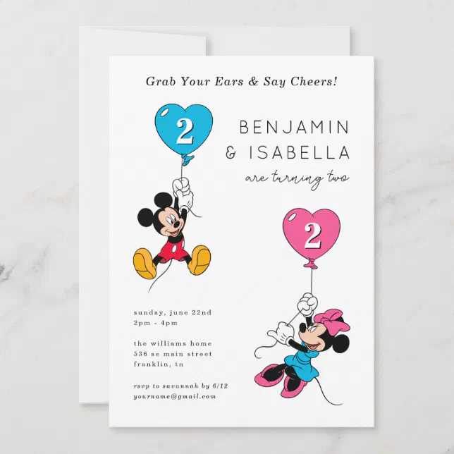 Mickey & Minnie Balloons Twins Birthday Invitation Zazzle