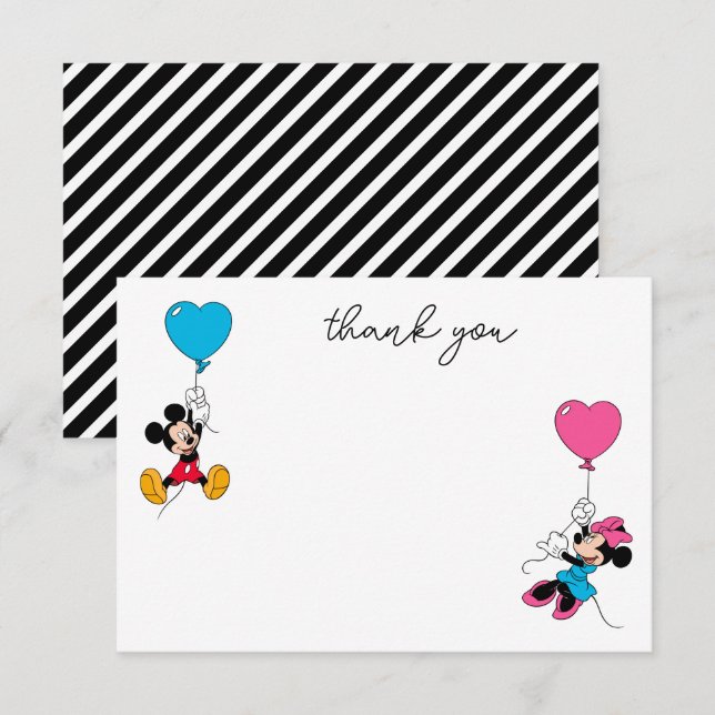 Mickey & Minnie Balloons | Twins Birthday Thank You Card (Front/Back)