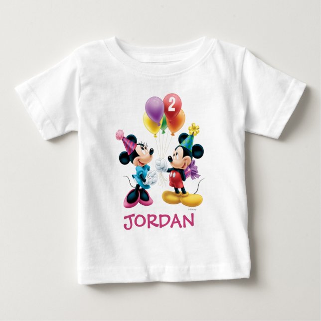 Mickey & Minnie | Birthday Balloons - Name & Age Baby T-Shirt (Front)