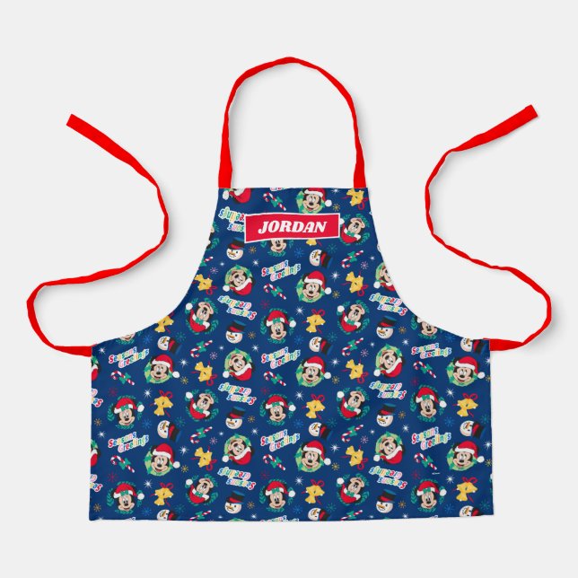 Mickey & Minnie | Blue Season's Greetings Pattern Apron (Front)