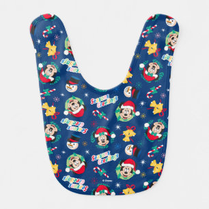 Mickey & Minnie   Blue Season's Greetings Pattern Baby Bib