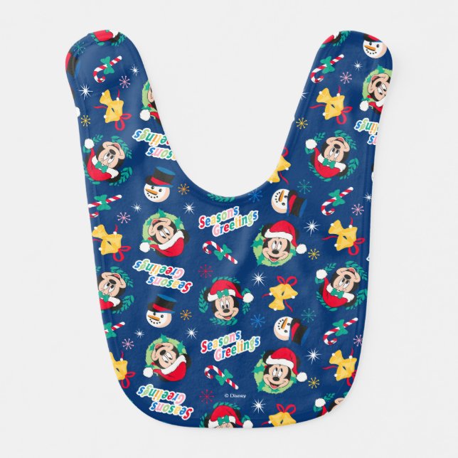 Mickey & Minnie | Blue Season's Greetings Pattern Baby Bib (Front)