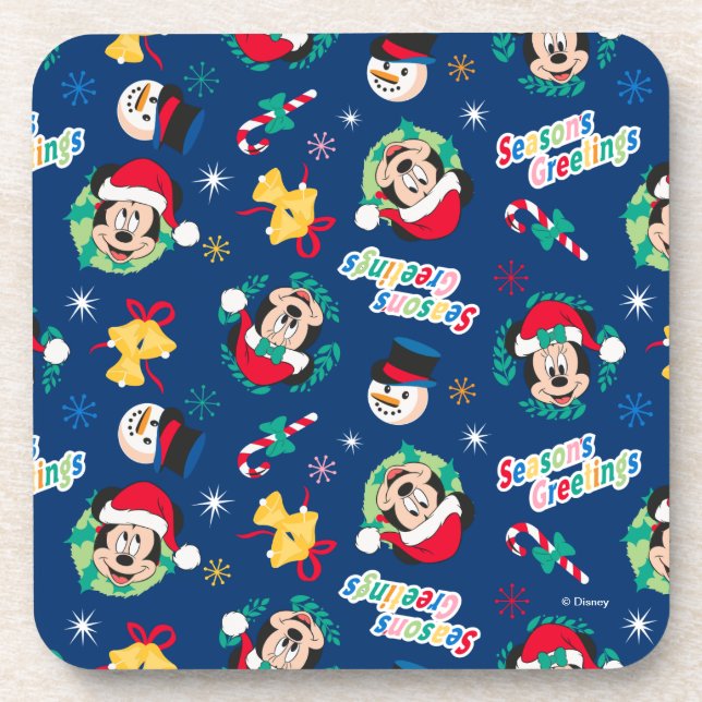 Mickey & Minnie | Blue Season's Greetings Pattern Beverage Coaster (Front)
