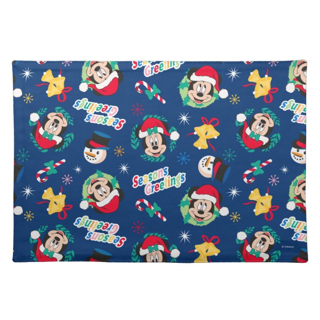 Mickey & Minnie | Blue Season's Greetings Pattern Cloth Placemat (Front)