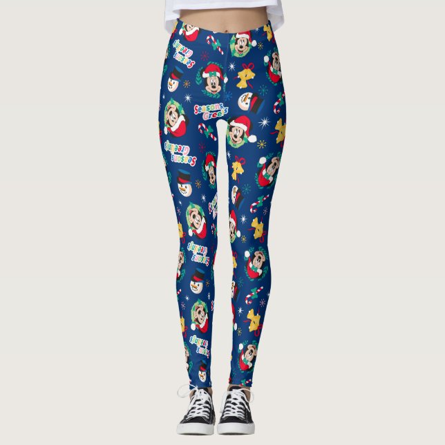 Mickey & Minnie | Blue Season's Greetings Pattern Leggings (Front)