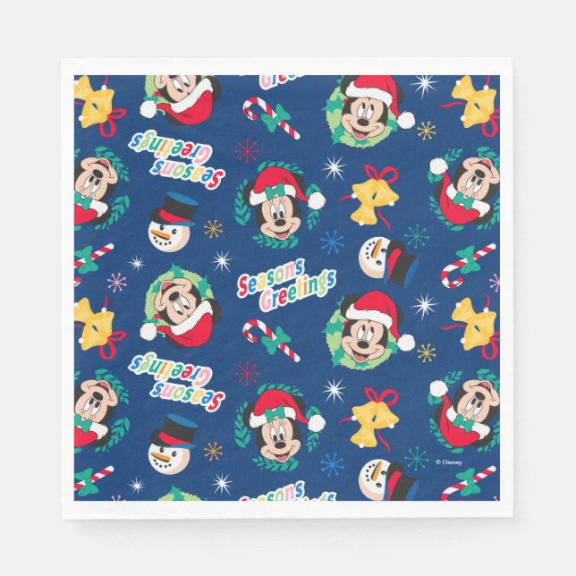 Mickey & Minnie | Blue Season's Greetings Pattern Napkins (Front)