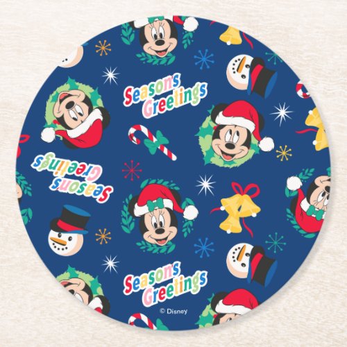 Mickey  Minnie  Blue Seasons Greetings Pattern Round Paper Coaster