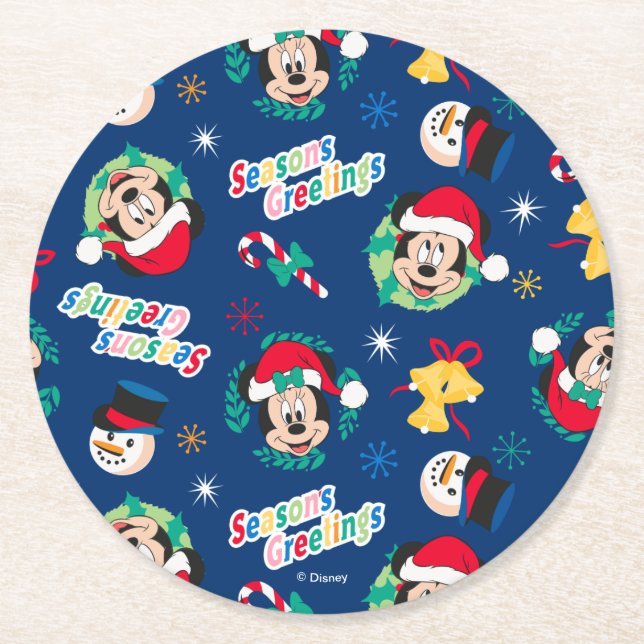 Mickey & Minnie | Blue Season's Greetings Pattern Round Paper Coaster (Front)