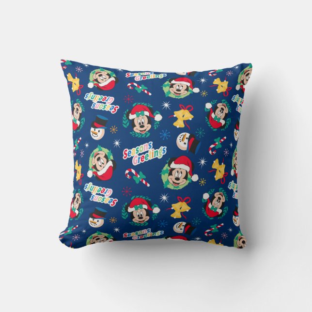 Mickey & Minnie | Blue Season's Greetings Pattern Throw Pillow (Front)