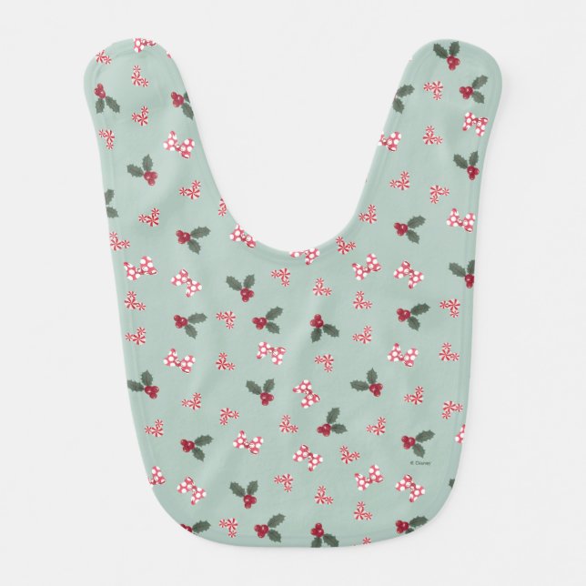 Mickey & Minnie | Christmas Holly Pattern Baby Bib (Front)