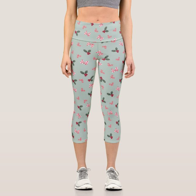 Mickey & Minnie | Christmas Holly Pattern Capri Leggings (Front)