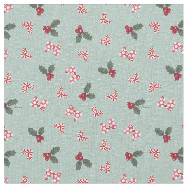 Mickey & Minnie | Christmas Holly Pattern Fabric (Close Up)