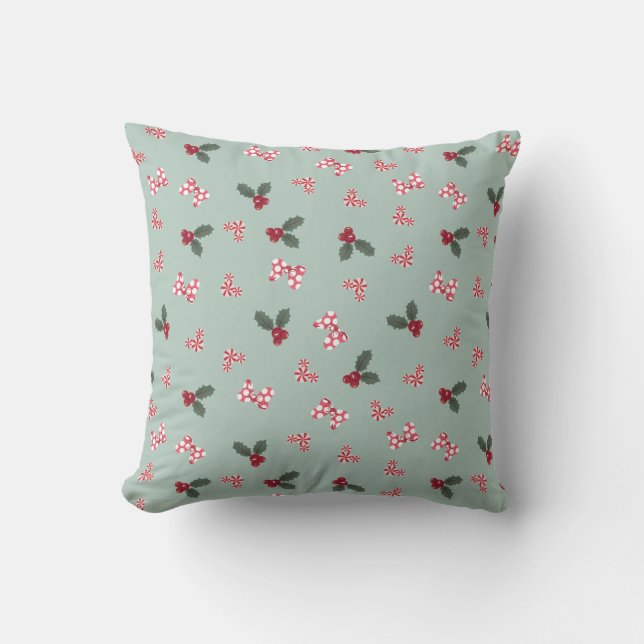 Mickey & Minnie | Christmas Holly Pattern Throw Pillow (Front)