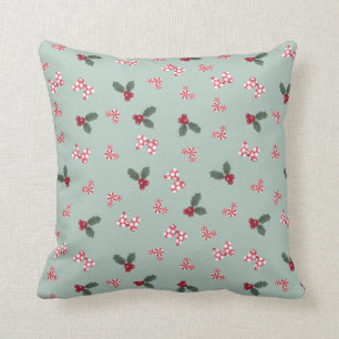 Mickey & Minnie Christmas Holly Pattern Throw Pillow