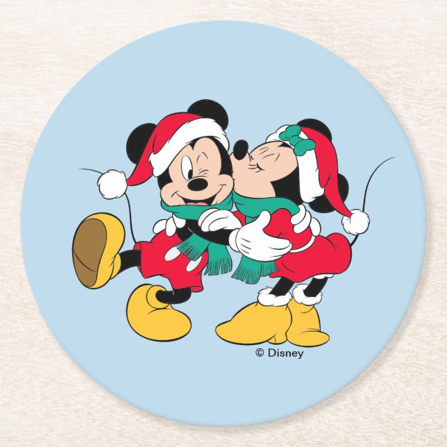 Mickey & Minnie | Christmas Kisses Round Paper Coaster (Front)