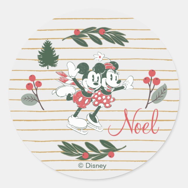 Mickey & Minnie | Christmas Skating Noel Classic Round Sticker (Front)