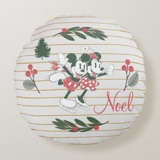 Mickey & Minnie | Christmas Skating Noel Round Pillow (Front)