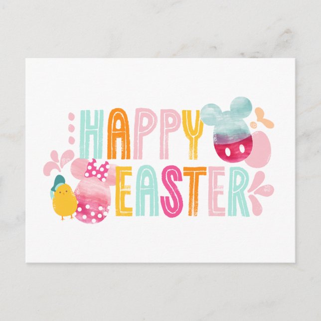 Mickey & Minnie | Happy Easter Watercolor Graphic Postcard (Front)