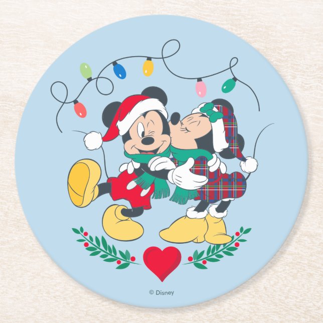 Mickey & Minnie | Holiday Kisses Round Paper Coaster (Front)