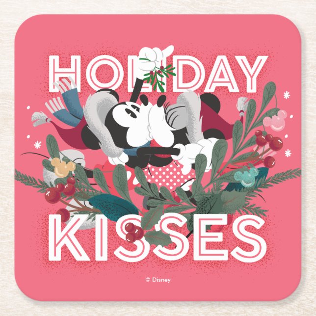 Mickey & Minnie | Holiday Kisses Square Paper Coaster (Front)