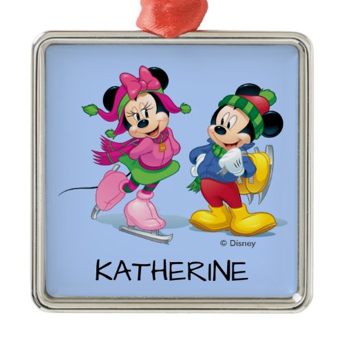 Mickey &amp; Minnie | Ice Skating Add Your Name Metal Ornament
