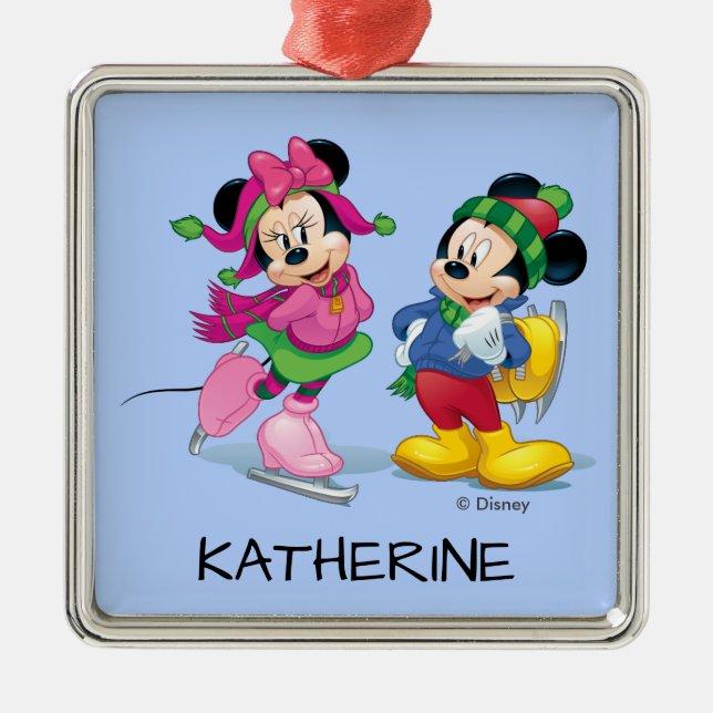 Mickey & Minnie | Ice Skating Add Your Name Metal Ornament (Front)
