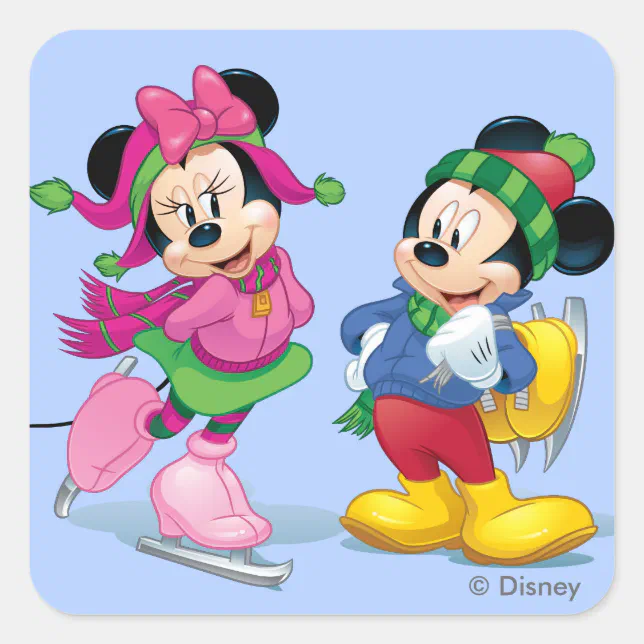 Mickey & Minnie Ice Skating Square Sticker | Zazzle