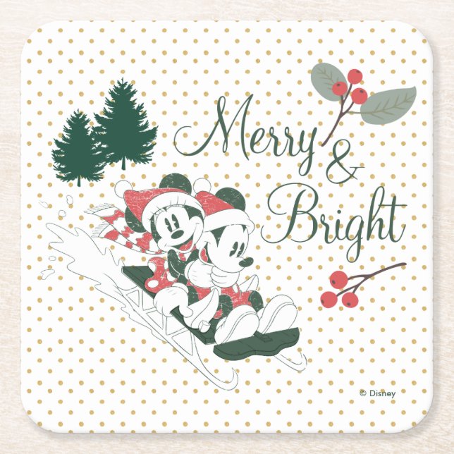 Mickey & Minnie | Merry & Bright Square Paper Coaster (Front)