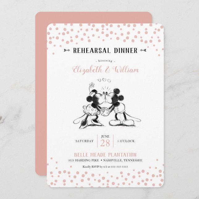 Mickey & Minnie | Pink Confetti Rehearsal Dinner Invitation (Front/Back)