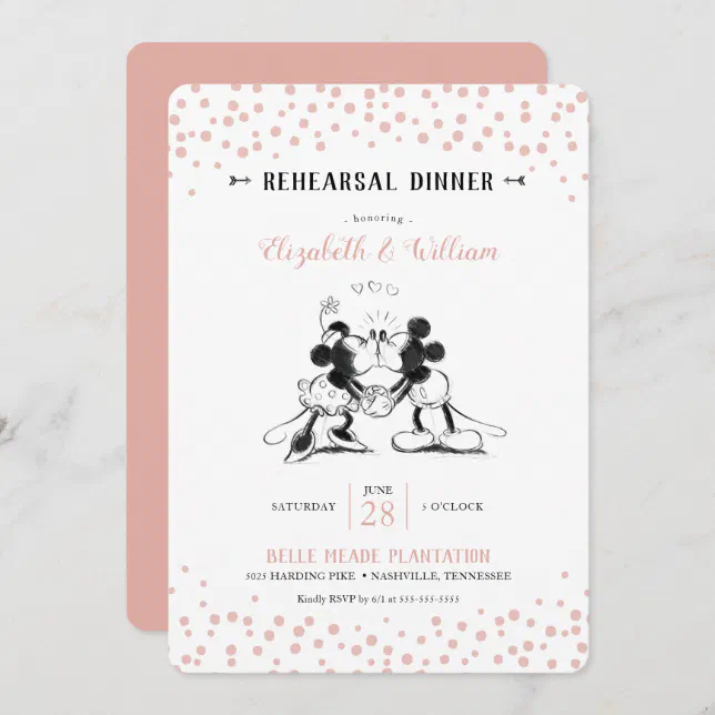 Mickey & Minnie | Pink Confetti Rehearsal Dinner Invitation