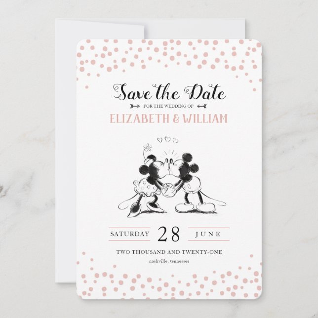Mickey & Minnie | Pink Confetti Save the Date Invitation (Front)